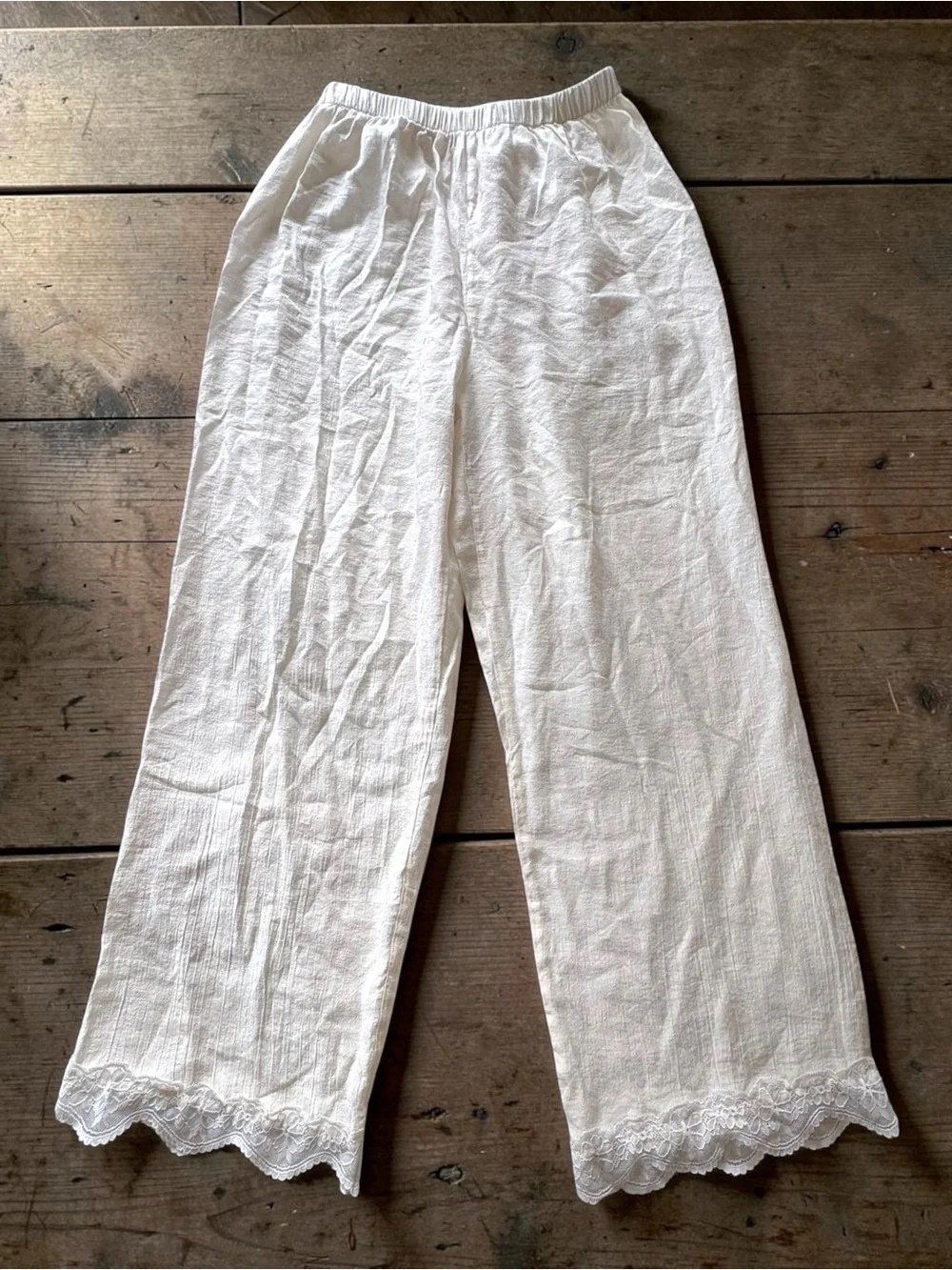Cream Lace-Trim Gauze Lounge Pants Resort Wear Size Medium Wide Leg - Picture 2 of 7